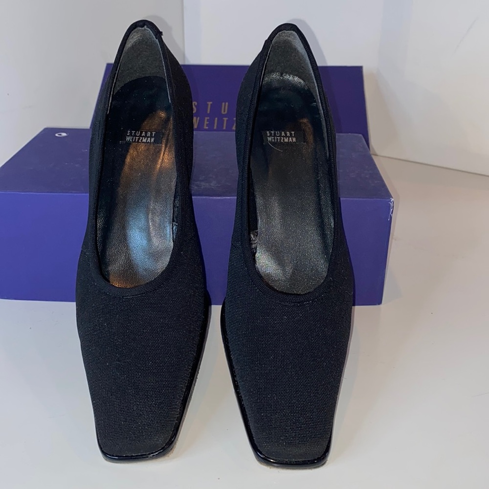 Stuart Weitzman Netset Black Gauze Stretchy Block Heel Pumps Narrow Size 9N EUC